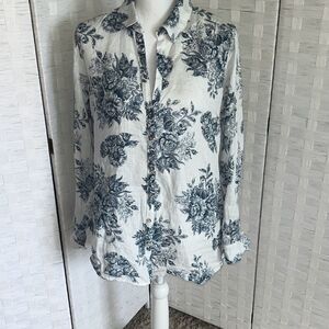 Beautiful Rachel Zoe Linen Shirt Floral Long Sleeve Button Down Top 100% Linen